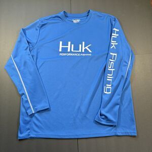 HUK Performance Fishing Pursuit Crew Neck Long Sleeve Shirt Blue Men's Size XL